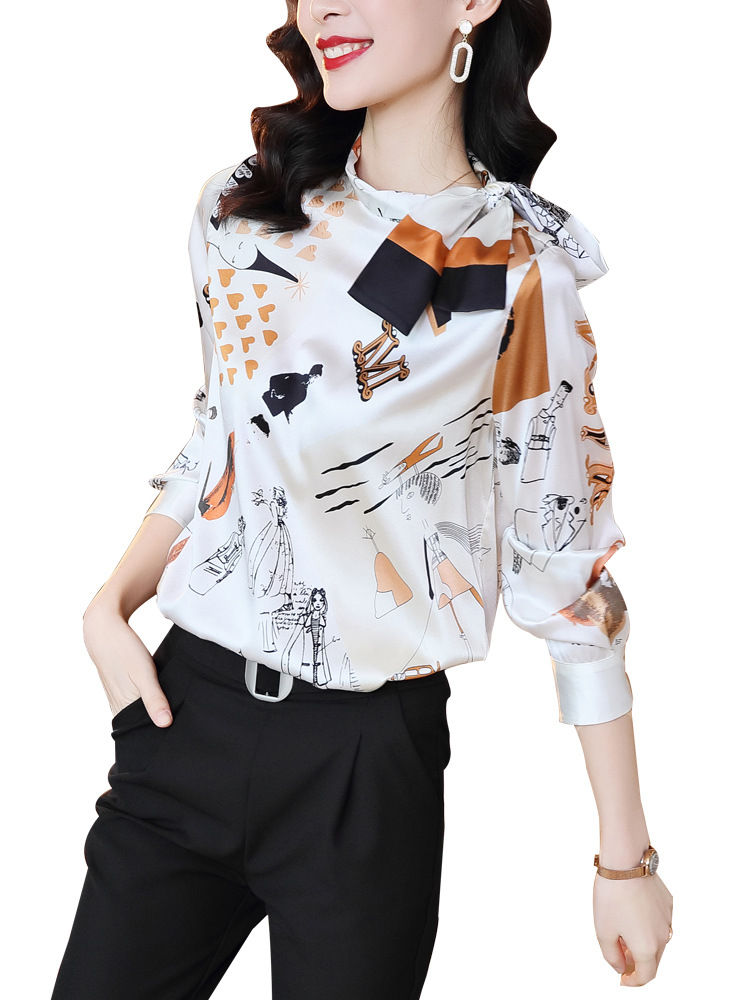 Autumn 2020 new heavy silk blouse with long sleeve bowknot printed silk satin thick silk blouse