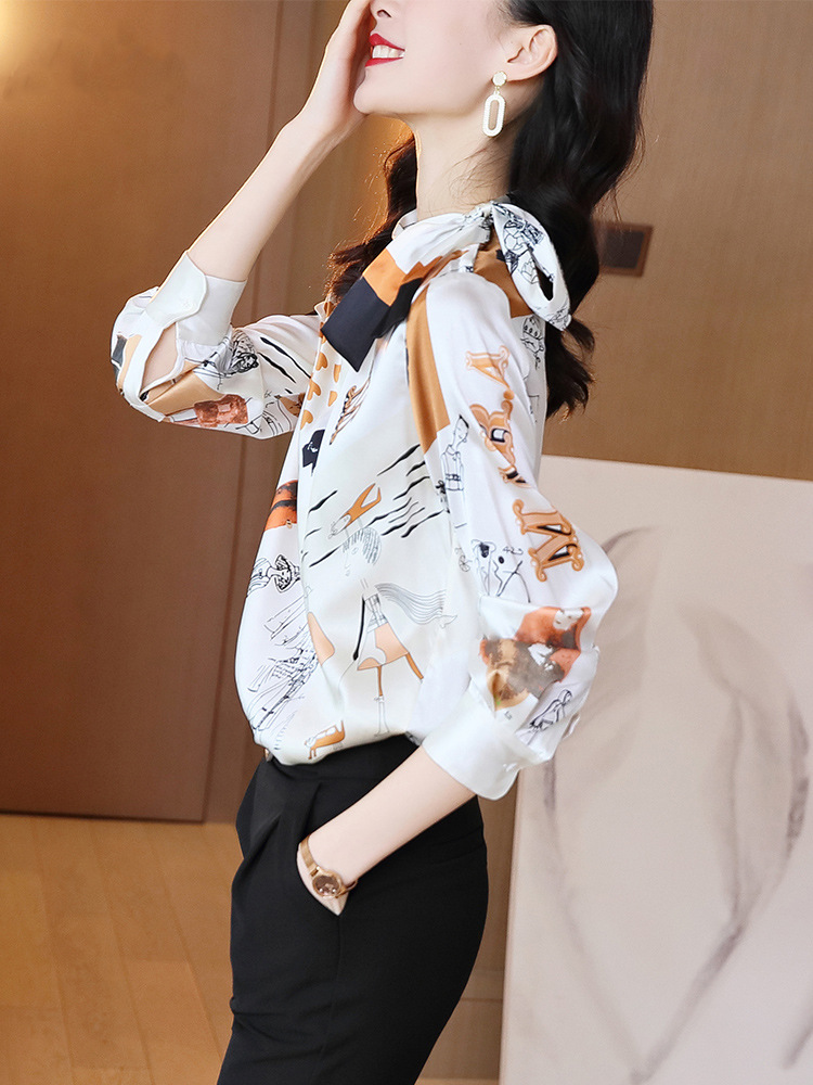 Autumn 2020 new heavy silk blouse with long sleeve bowknot printed silk satin thick silk blouse