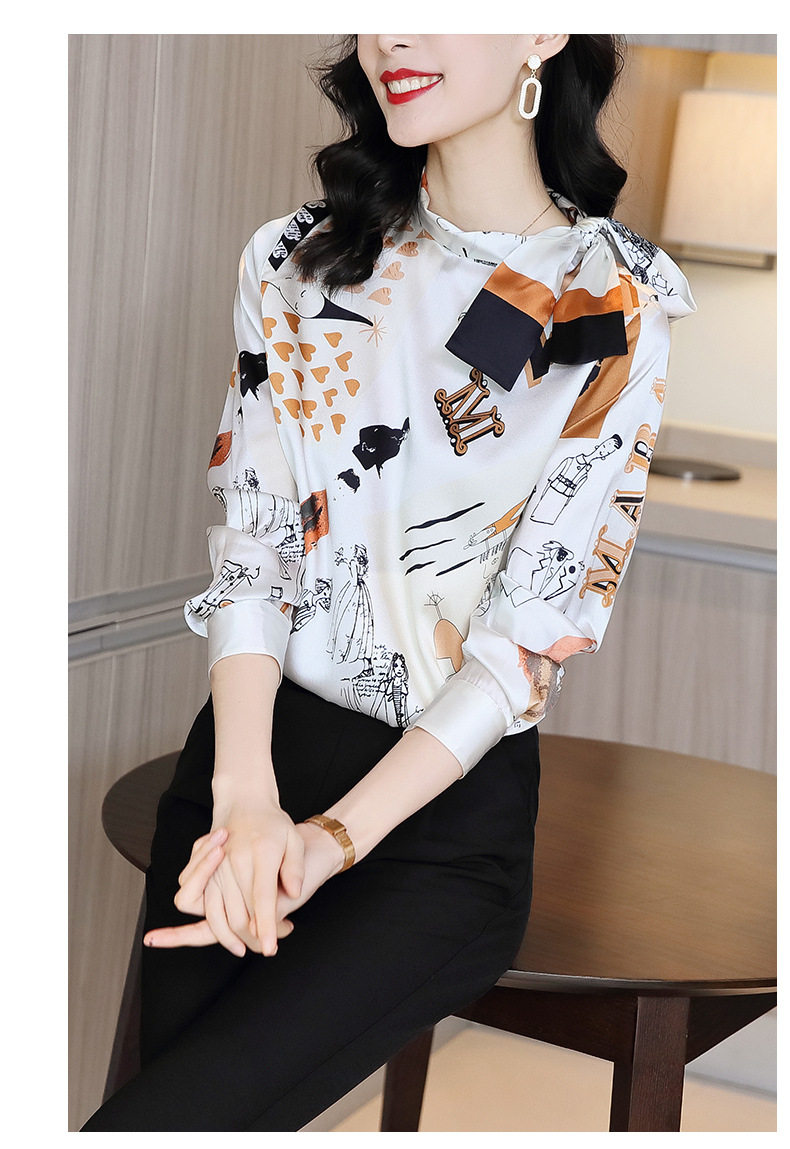 Autumn 2020 new heavy silk blouse with long sleeve bowknot printed silk satin thick silk blouse