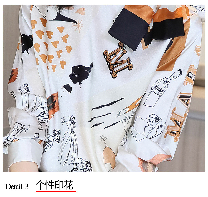 Autumn 2020 new heavy silk blouse with long sleeve bowknot printed silk satin thick silk blouse