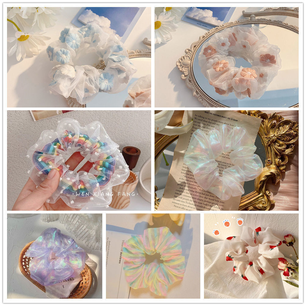 Large Intestine Hair Ring Ins Organza Fairy Hair Accessory Korean JK Plaid Headdress Flower Fabric Bowknot Headband
