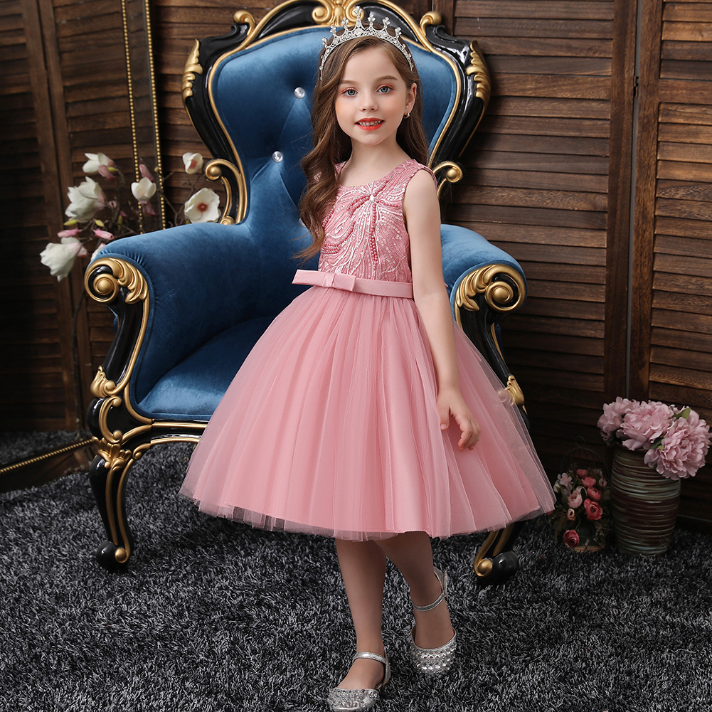 Baby Spring Children &#039;S Dress Sleeveless Pink Princess Dress Girl Dress Beaded Mesh Bubble Skirt Little Kids&#039; Skirt