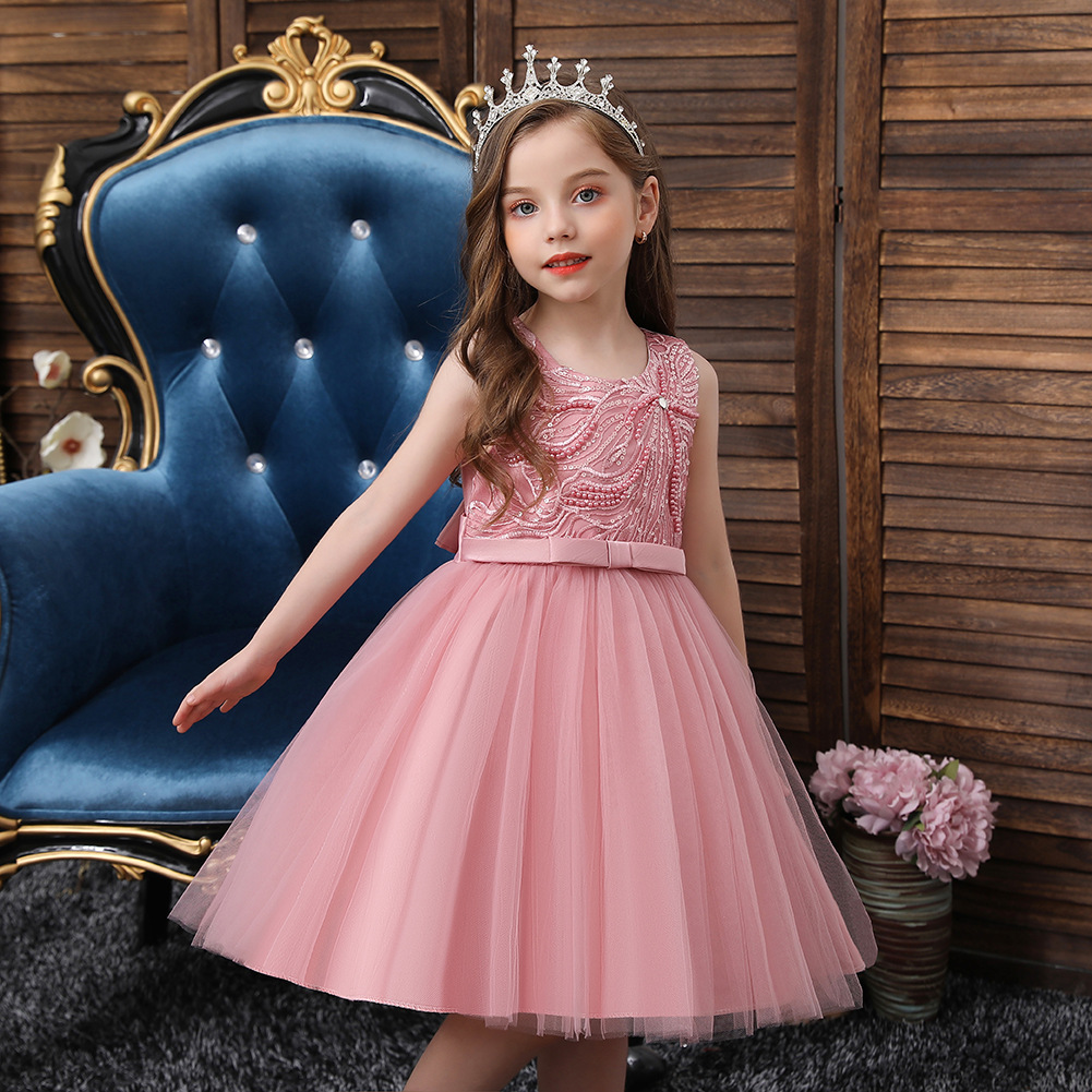 Baby Spring Children 'S Dress Sleeveless Pink Princess Dress Girl Dress Beaded Mesh Bubble Skirt Little Kids' Skirt Baby Spring Children 'S Dress Sleeveless Pink Princess Dress Girl Dress Beaded Mesh Bubble Skirt Little Kids' Skirt