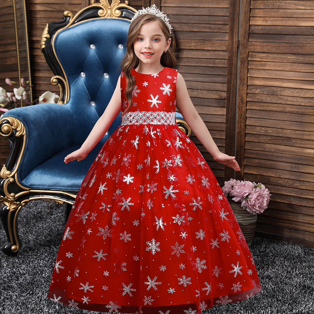 Christmas Children&#039;s Dress Princess Dress Long Printed Tulle Skirt Dance Skirt 5-14 Years Old Girl Dress in Stock