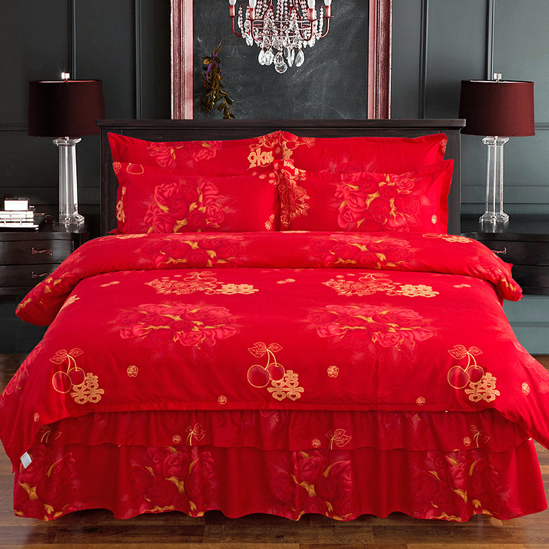 Autumn and Winter Thickening Brushed Double Layer Four-Piece of Bed Skirt Wedding Four-Piece Bed Skirt Quilt Cover Pillowcase Bedding Wholesale