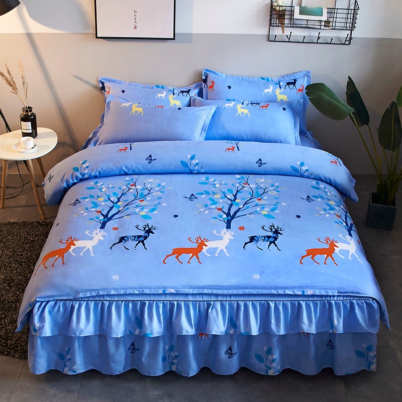 Autumn and Winter Thickening Brushed Double Layer Four-Piece of Bed Skirt Wedding Four-Piece Bed Skirt Quilt Cover Pillowcase Bedding Wholesale
