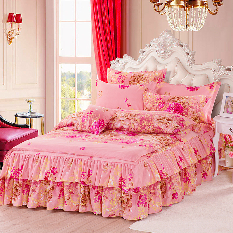 Autumn and Winter Thickening Brushed Double Layer Four-Piece of Bed Skirt Wedding Four-Piece Bed Skirt Quilt Cover Pillowcase Bedding Wholesale