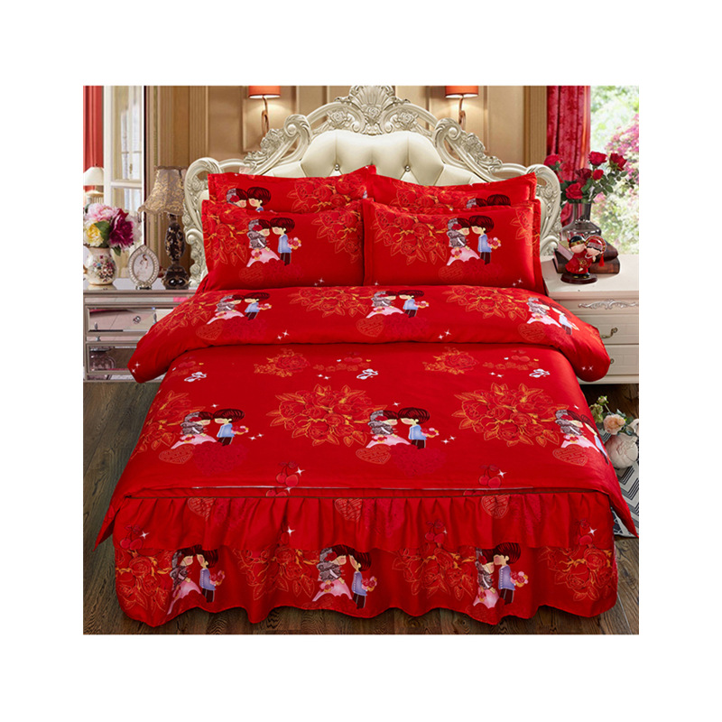 Autumn and Winter Thickening Brushed Double Layer Four-Piece of Bed Skirt Wedding Four-Piece Bed Skirt Quilt Cover Pillowcase Bedding Wholesale