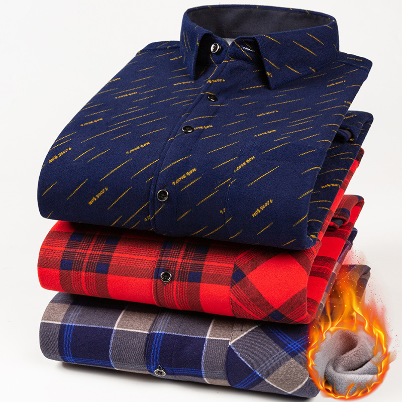 Autumn and Winter Fleece-Lined Lapel Plaid Shirt Thickened Long-Sleeved Pattern Velvet Padded Shirt Men&#039;s Casual Simple Cardigan Shirt