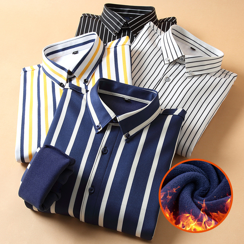 Stretch Striped Men&#039;s Thermal Shirt Autumn and Winter Fleece Lined Padded Warm Keeping Shirt Composite Single-Layer Fleece-Lined Fashion Shirt