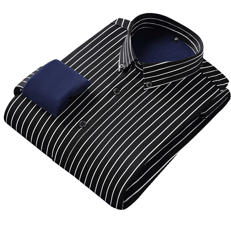 Stretch Striped Men&#039;s Thermal Shirt Autumn and Winter Fleece Lined Padded Warm Keeping Shirt Composite Single-Layer Fleece-Lined Fashion Shirt