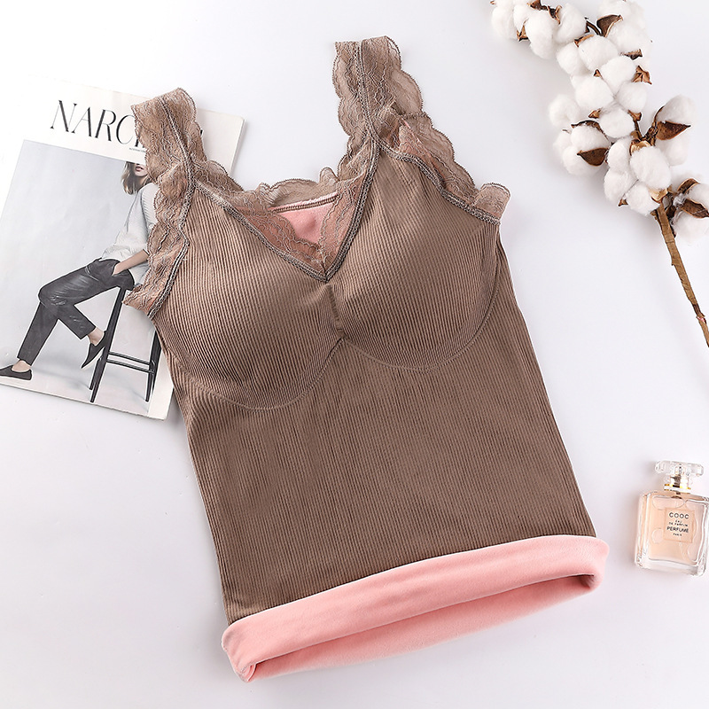 Autumn and Winter Bear Fairy Warm Vest Vneck Strap Lace Sexy Chest Pad Base Clothing Brushed and Thick Thermal Underwear