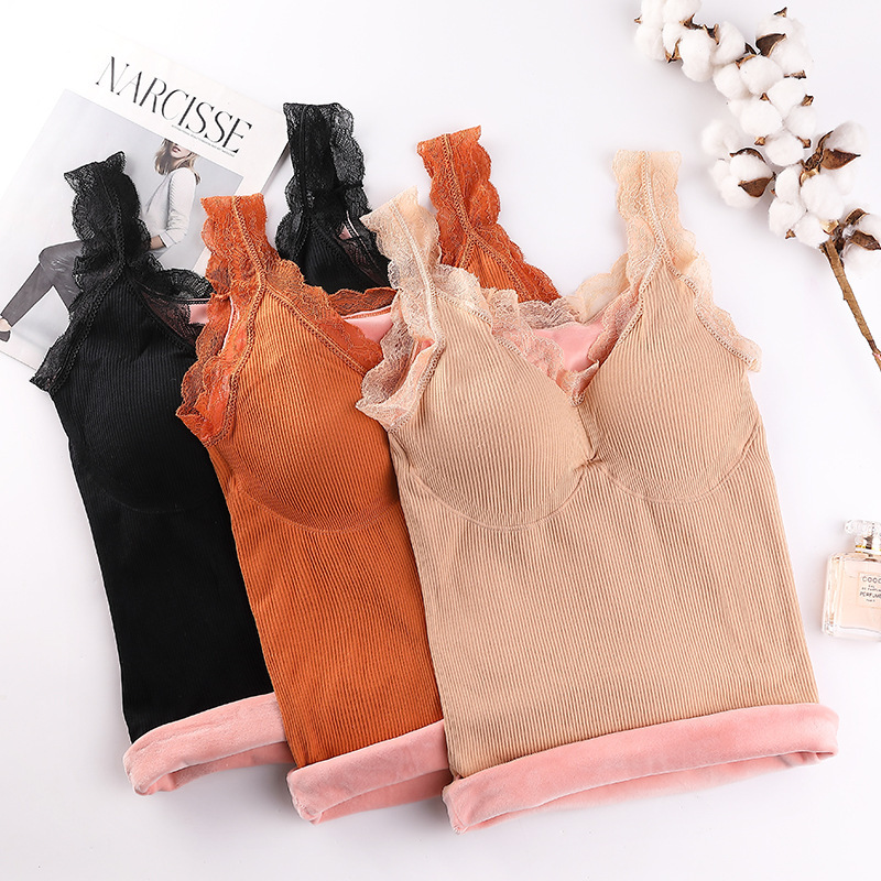 Autumn and Winter Bear Fairy Warm Vest Vneck Strap Lace Sexy Chest Pad Base Clothing Brushed and Thick Thermal Underwear