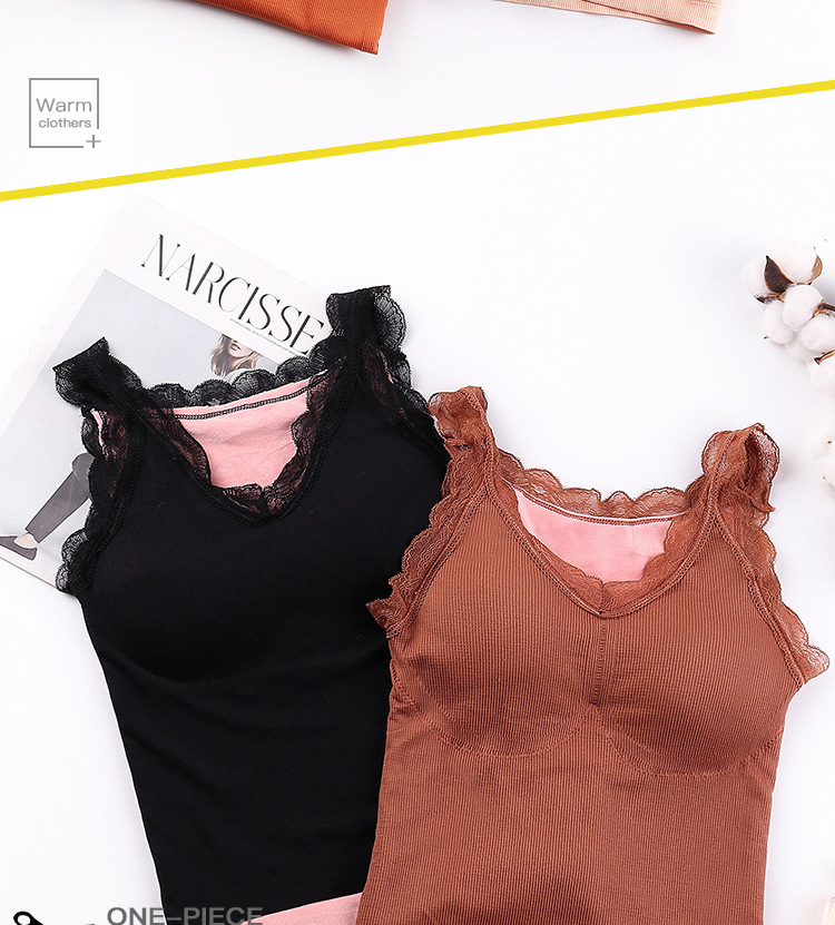 Autumn and Winter Bear Fairy Warm Vest Vneck Strap Lace Sexy Chest Pad Base Clothing Brushed and Thick Thermal Underwear