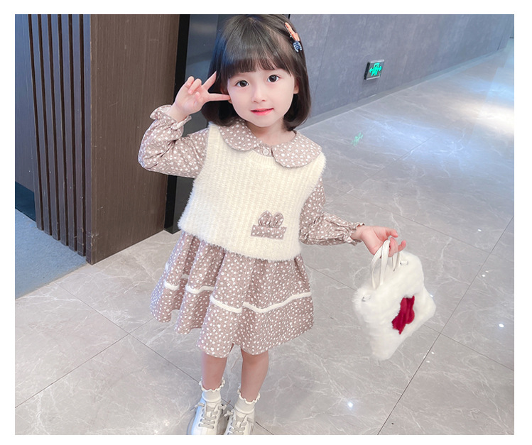Girl's Sweater Two-Piece Set Children Sweet Floral Dots Children's Suit Autumn New Children's Clothing Girls' Dress