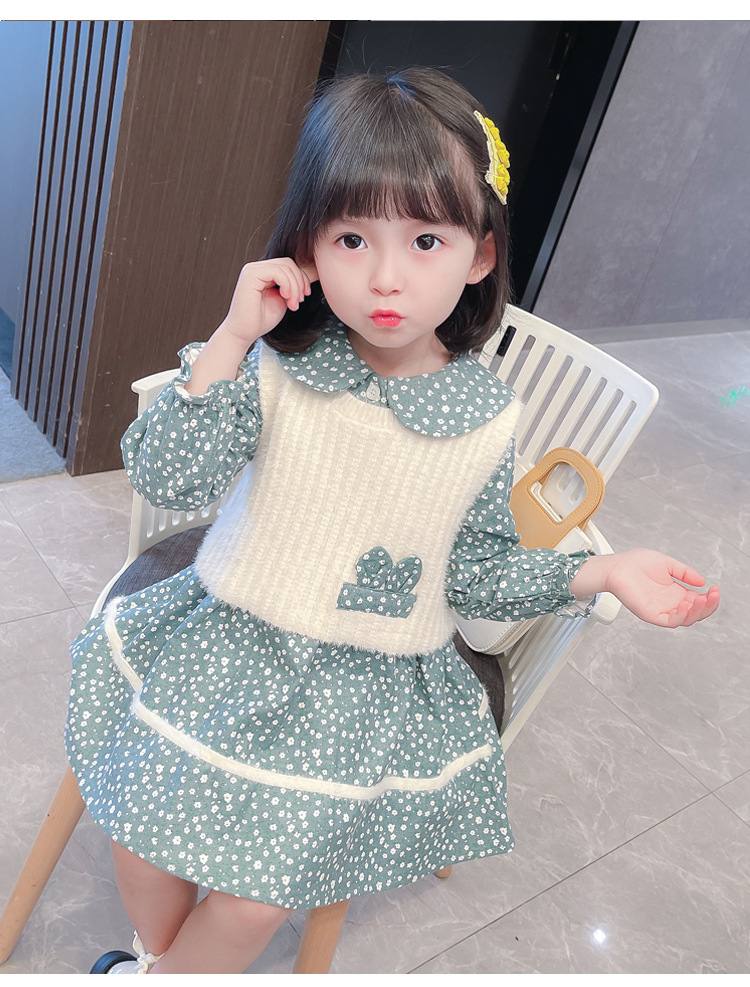 Girl's Sweater Two-Piece Set Children Sweet Floral Dots Children's Suit Autumn New Children's Clothing Girls' Dress