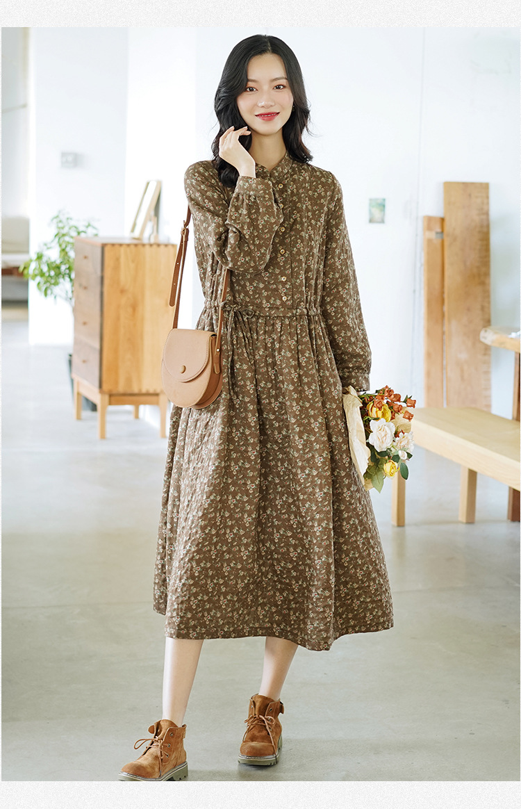Retro Women's Clothing 2021 New Long Sleeve Floral Dress Autumn and Winter Tight Waist Small Temperament A- line Dress Wholesale Retro Women's Clothing 2021 New Long Sleeve Floral Dress Autumn and Winter Tight Waist Small Temperament A- line Dress Wholesale