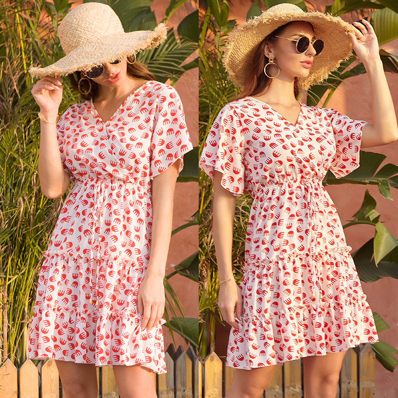 Amazon Cross-Border 2021 European and American Foreign Trade Women&#039;s Clothing Chiffon Floral V-neck Lace-up Dress Women&#039;s French Casual