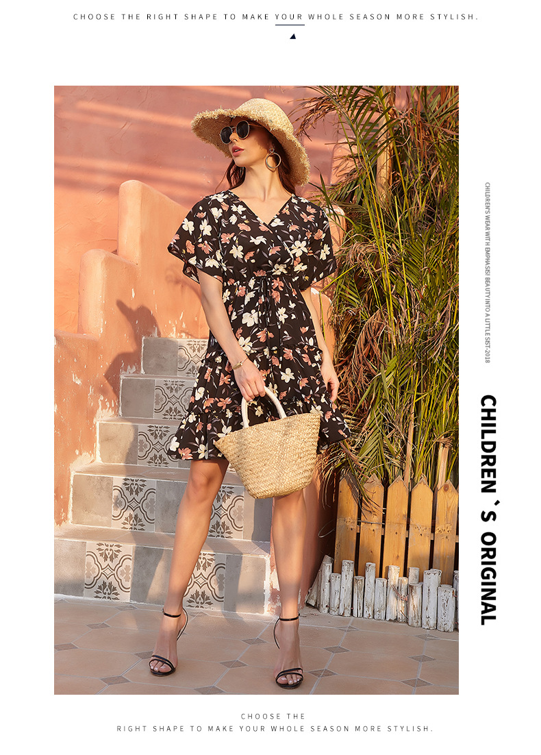 Amazon Cross-Border 2021 European and American Foreign Trade Women's Clothing Chiffon Floral V-neck Lace-up Dress Women's French Casual