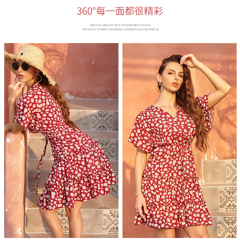 Amazon Cross-Border 2021 European and American Foreign Trade Women's Clothing Chiffon Floral V-neck Lace-up Dress Women's French Casual