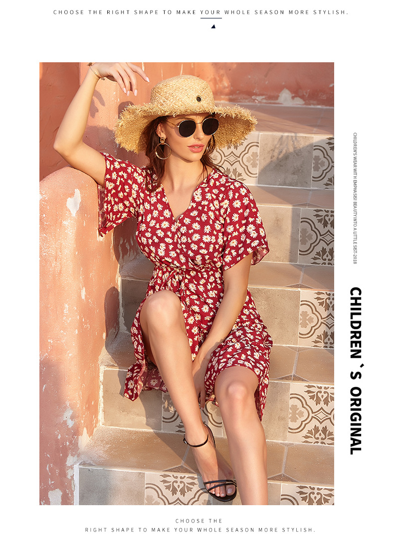 Amazon Cross-Border 2021 European and American Foreign Trade Women's Clothing Chiffon Floral V-neck Lace-up Dress Women's French Casual