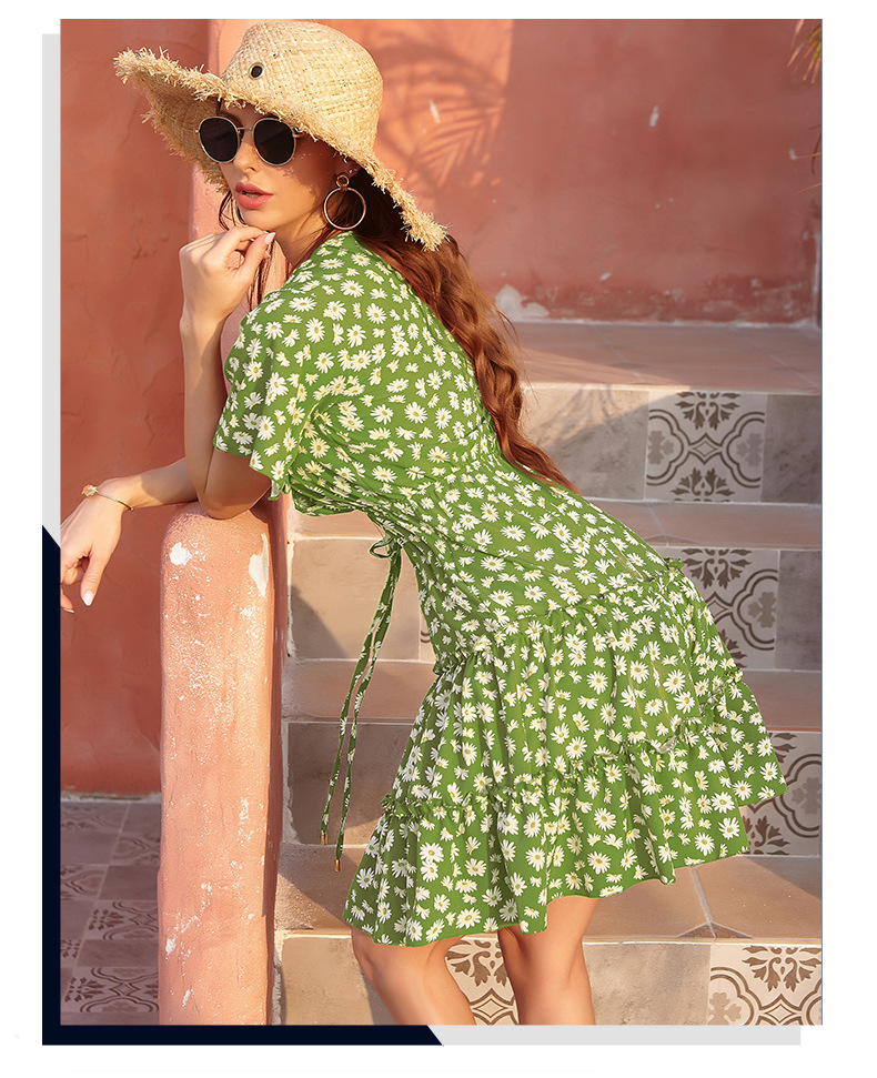 Amazon Cross-Border 2021 European and American Foreign Trade Women's Clothing Chiffon Floral V-neck Lace-up Dress Women's French Casual