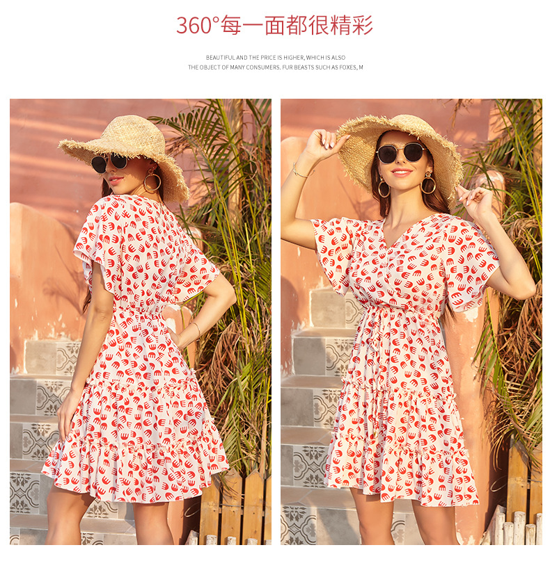 Amazon Cross-Border 2021 European and American Foreign Trade Women's Clothing Chiffon Floral V-neck Lace-up Dress Women's French Casual