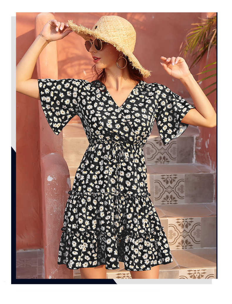 Amazon Cross-Border 2021 European and American Foreign Trade Women's Clothing Chiffon Floral V-neck Lace-up Dress Women's French Casual