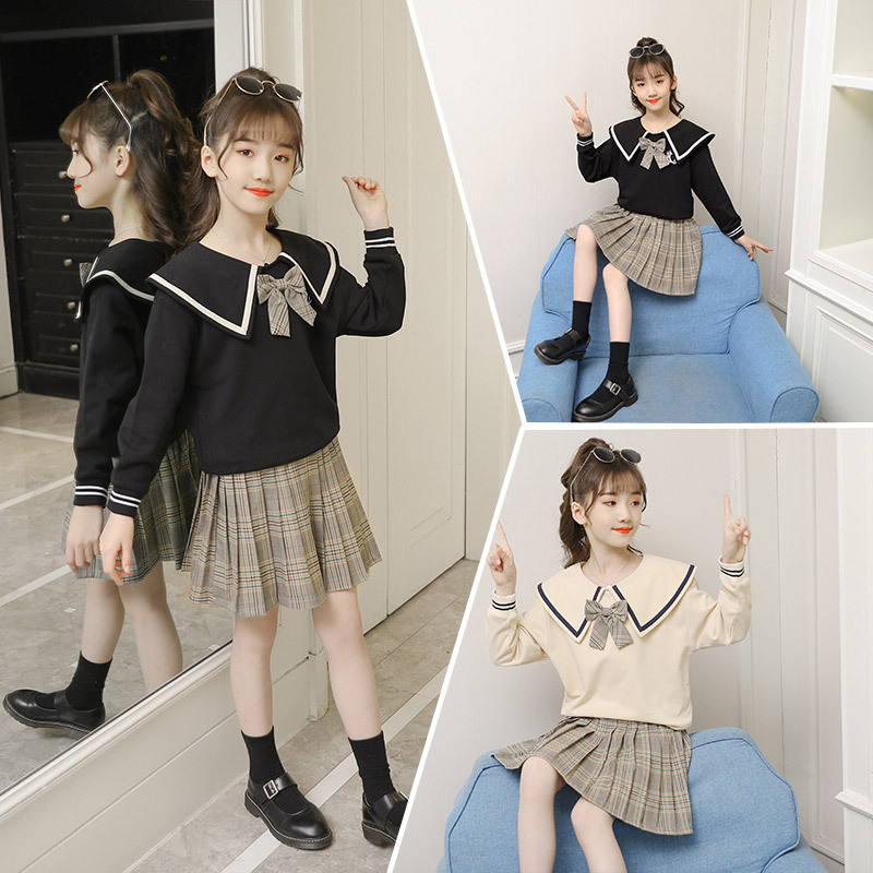 Girls&#039; Preppy Style Suit 2021 New Spring and Autumn Clothing Children&#039;s Western Style JK Uniform Pleated Skirt Dress Two-Piece Set