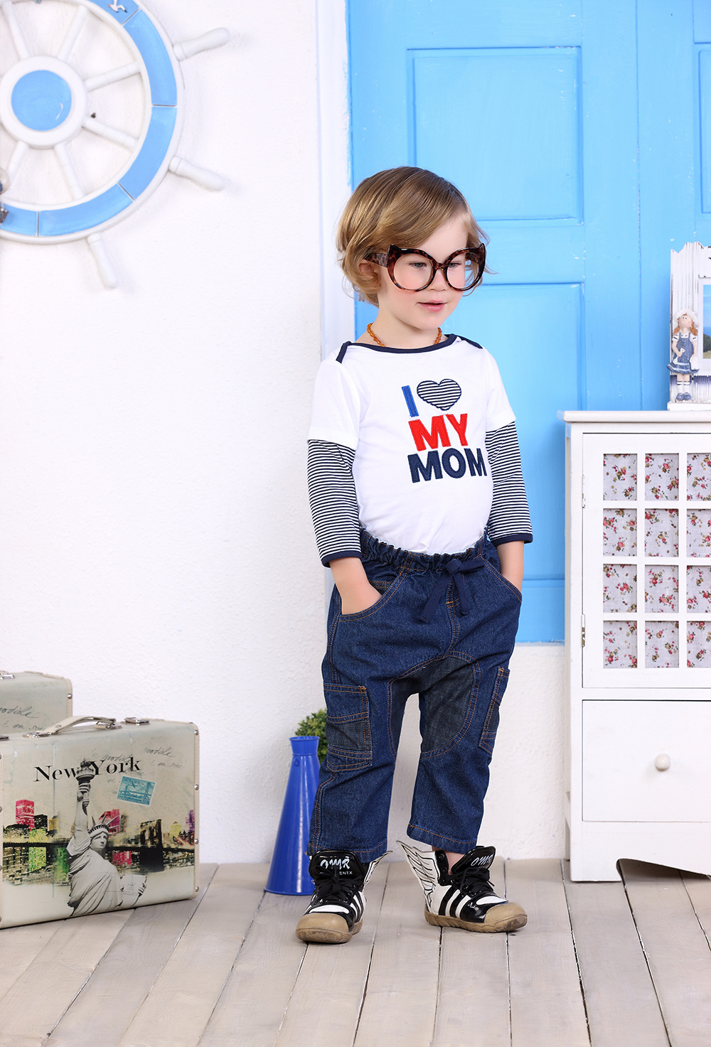 2021 Spring and Summer New I Love My Mom Long-Sleeved T-shirt with Jeans Two-Piece Children&#039;s Clothing Boys and Girls