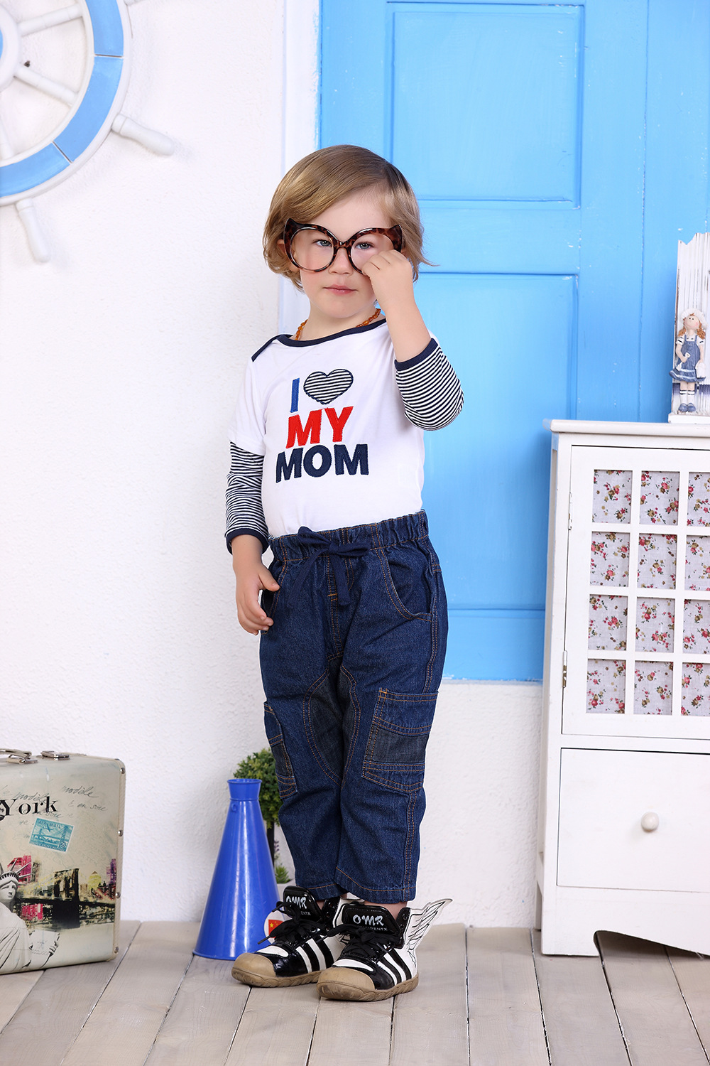 2021 Spring and Summer New I Love My Mom Long-Sleeved T-shirt with Jeans Two-Piece Children&#039;s Clothing Boys and Girls