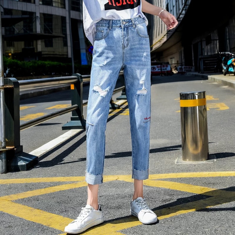 2021 New Women's Denim Wide Leg Ankle-Length Pants Women's Ripped High Waist Jeans Foreign Trade Stall Supply Wholesale