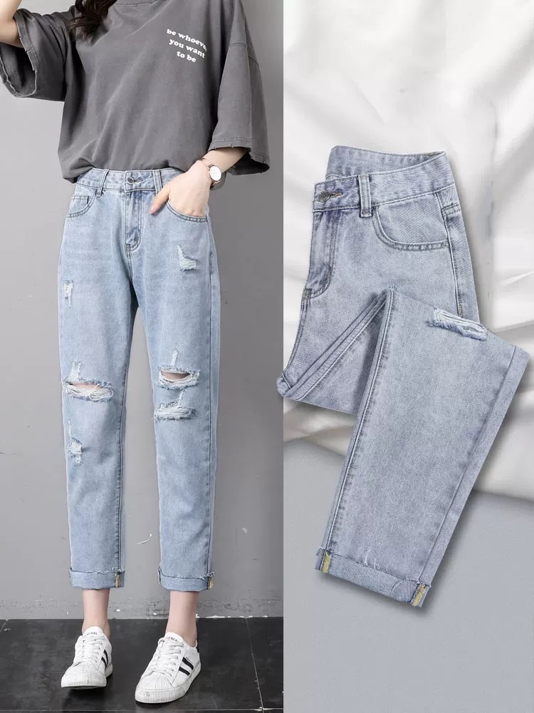 2021 New Women's Denim Wide Leg Ankle-Length Pants Women's Ripped High Waist Jeans Foreign Trade Stall Supply Wholesale
