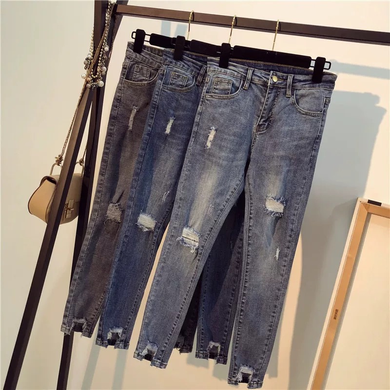 2021 New Women's Denim Wide Leg Ankle-Length Pants Women's Ripped High Waist Jeans Foreign Trade Stall Supply Wholesale
