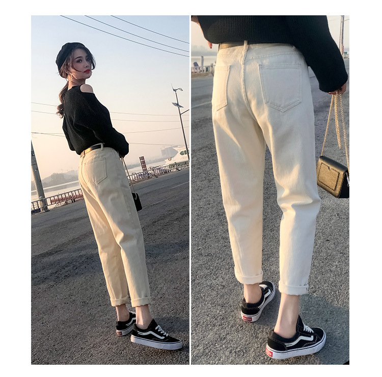 Real Shot Jeans Female Beige Spring and Autumn New Elastic Waist Harem Pants Baggy Pants Loose Dad Jeans plus Size Real Shot Jeans Female Beige Spring and Autumn New Elastic Waist Harem Pants Baggy Pants Loose Dad Jeans plus Size