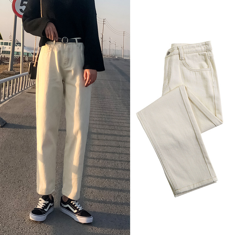 Real Shot Jeans Female Beige Spring and Autumn New Elastic Waist Harem Pants Baggy Pants Loose Dad Jeans plus Size