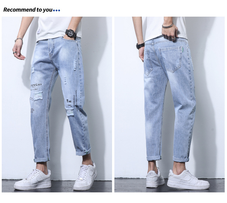 2022 Jeans Men's Korean Style Casual Men's Denim (Ankle-Length Pants) Spring and Autumn Trends Light Color Hole Mid-Waist Jeans 2022 Jeans Men's Korean Style Casual Men's Denim (Ankle-Length Pants) Spring and Autumn Trends Light Color Hole Mid-Waist Jeans