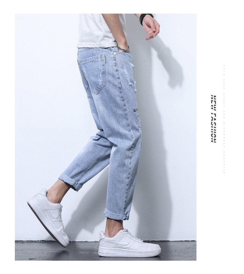 2022 Jeans Men's Korean Style Casual Men's Denim (Ankle-Length Pants) Spring and Autumn Trends Light Color Hole Mid-Waist Jeans 2022 Jeans Men's Korean Style Casual Men's Denim (Ankle-Length Pants) Spring and Autumn Trends Light Color Hole Mid-Waist Jeans