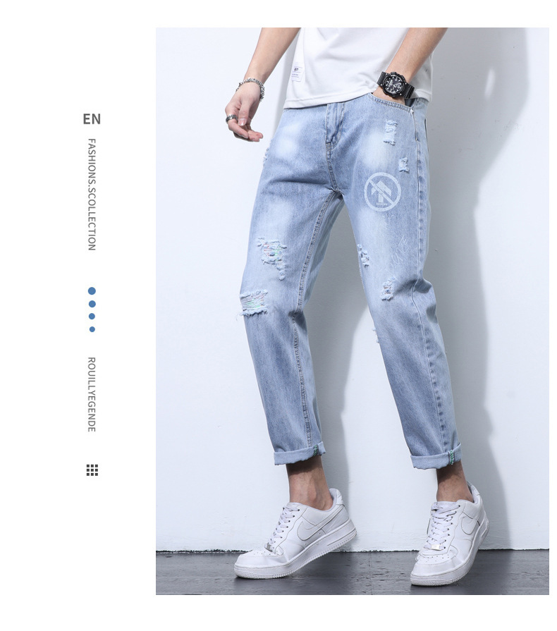 2022 Jeans Men's Korean Style Casual Men's Denim (Ankle-Length Pants) Spring and Autumn Trends Light Color Hole Mid-Waist Jeans 2022 Jeans Men's Korean Style Casual Men's Denim (Ankle-Length Pants) Spring and Autumn Trends Light Color Hole Mid-Waist Jeans