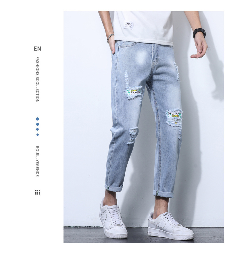 2022 Jeans Men's Korean Style Casual Men's Denim (Ankle-Length Pants) Spring and Autumn Trends Light Color Hole Mid-Waist Jeans 2022 Jeans Men's Korean Style Casual Men's Denim (Ankle-Length Pants) Spring and Autumn Trends Light Color Hole Mid-Waist Jeans