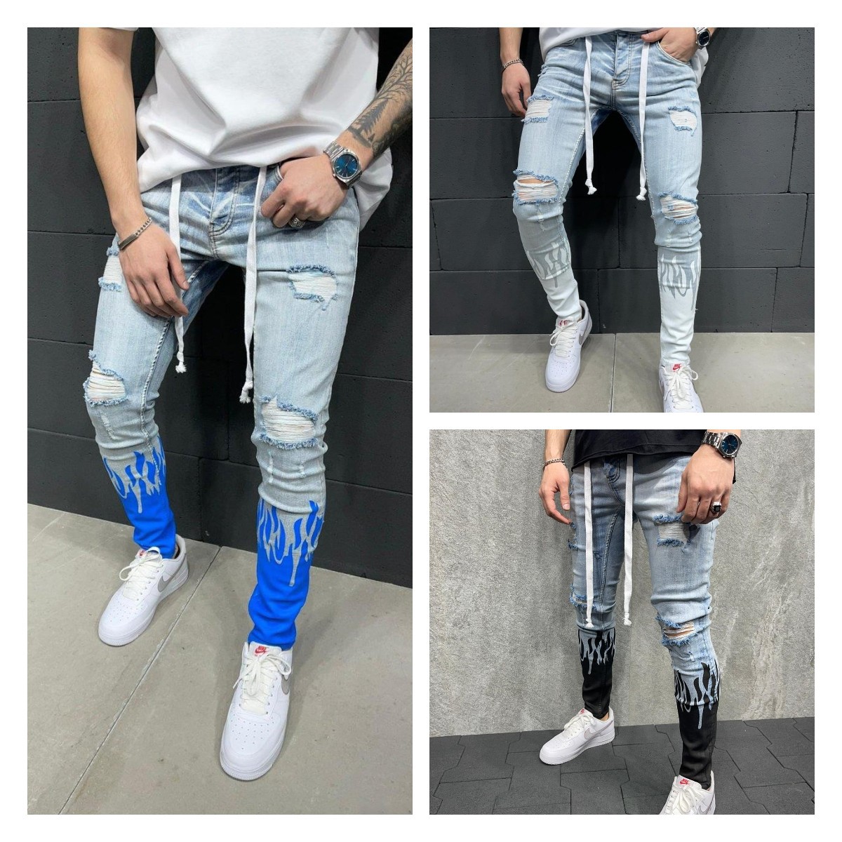 New European and American Men&#039;s Slim Ripped Ankle-Tied Jeans Printed Flame Fashion Personality Denim Lace Jeans