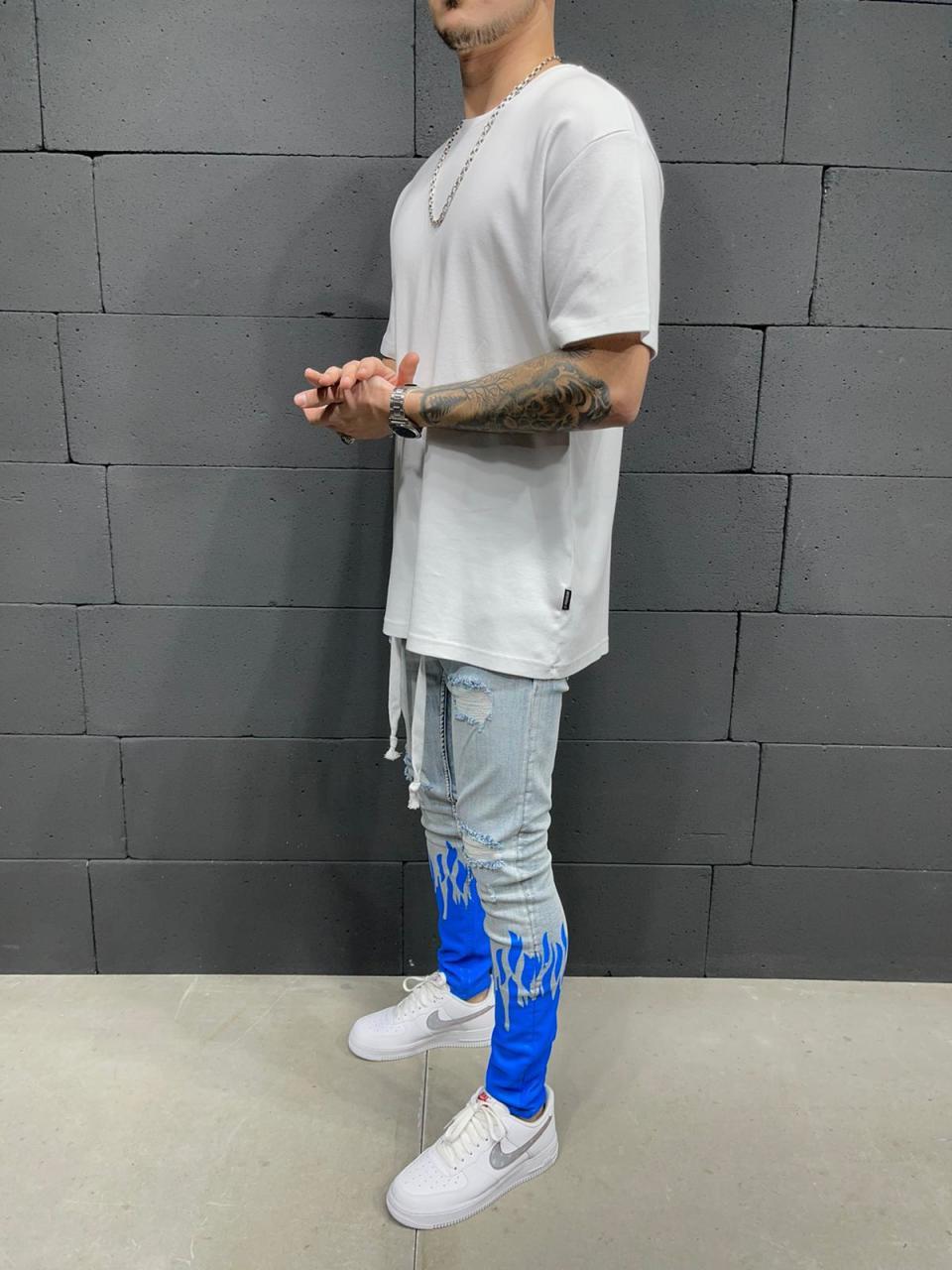 New European and American Men's Slim Ripped Ankle-Tied Jeans Printed Flame Fashion Personality Denim Lace Jeans New European and American Men's Slim Ripped Ankle-Tied Jeans Printed Flame Fashion Personality Denim Lace Jeans