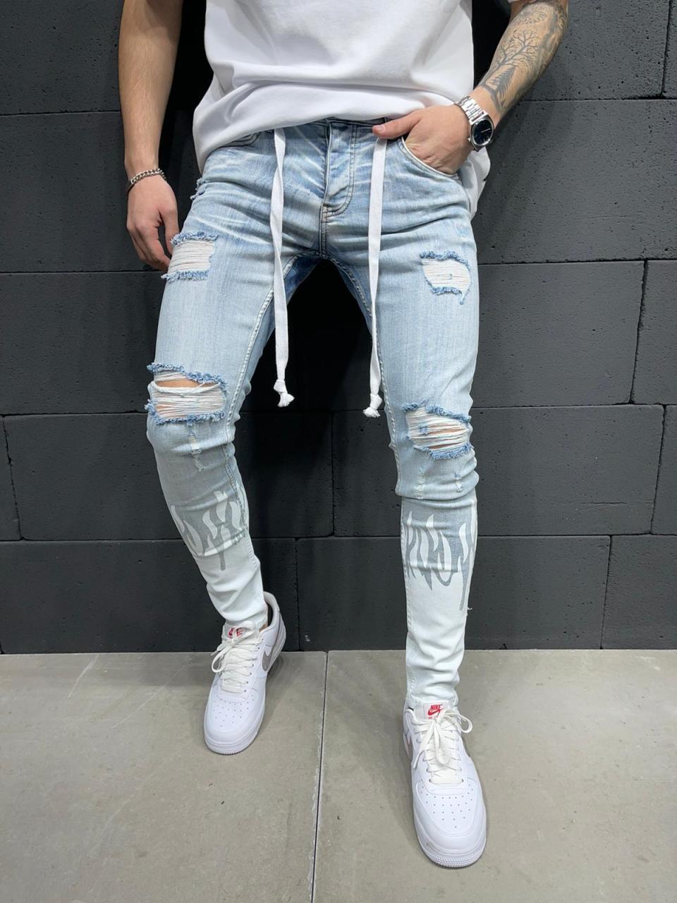 New European and American Men's Slim Ripped Ankle-Tied Jeans Printed Flame Fashion Personality Denim Lace Jeans New European and American Men's Slim Ripped Ankle-Tied Jeans Printed Flame Fashion Personality Denim Lace Jeans