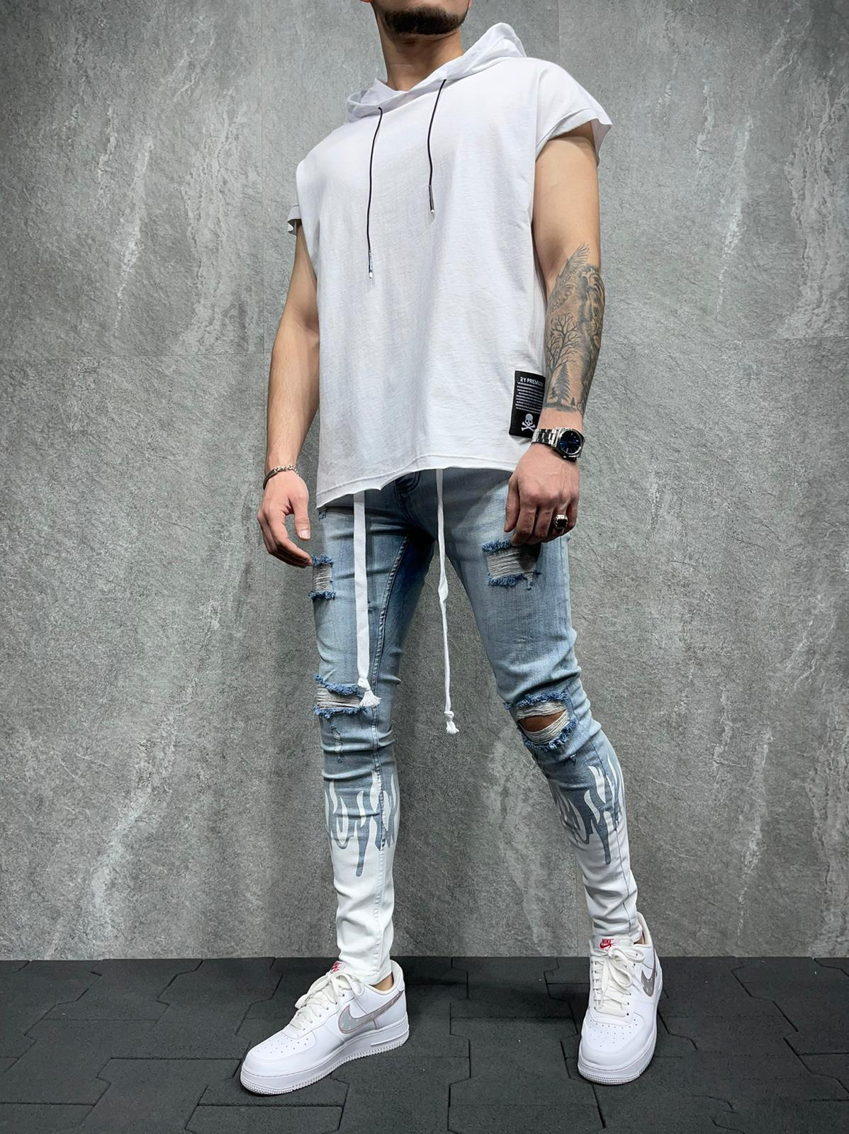 New European and American Men's Slim Ripped Ankle-Tied Jeans Printed Flame Fashion Personality Denim Lace Jeans New European and American Men's Slim Ripped Ankle-Tied Jeans Printed Flame Fashion Personality Denim Lace Jeans