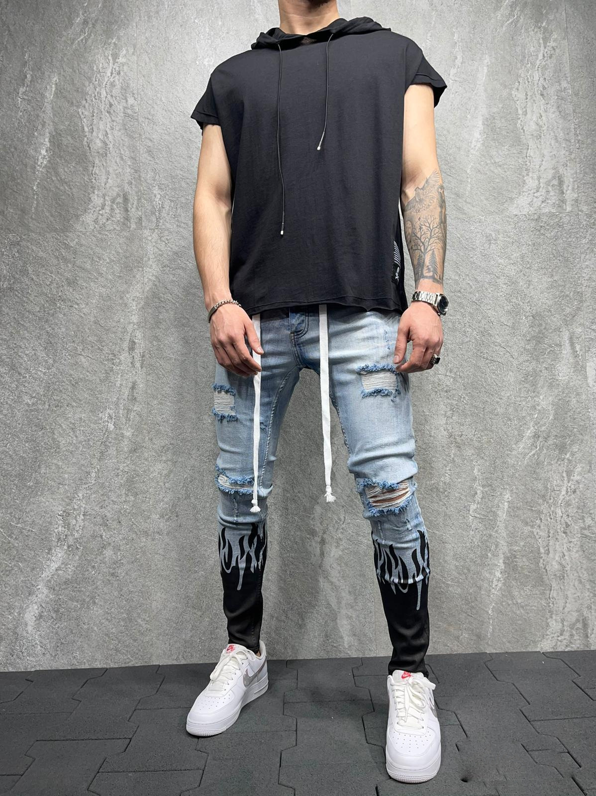 New European and American Men's Slim Ripped Ankle-Tied Jeans Printed Flame Fashion Personality Denim Lace Jeans New European and American Men's Slim Ripped Ankle-Tied Jeans Printed Flame Fashion Personality Denim Lace Jeans