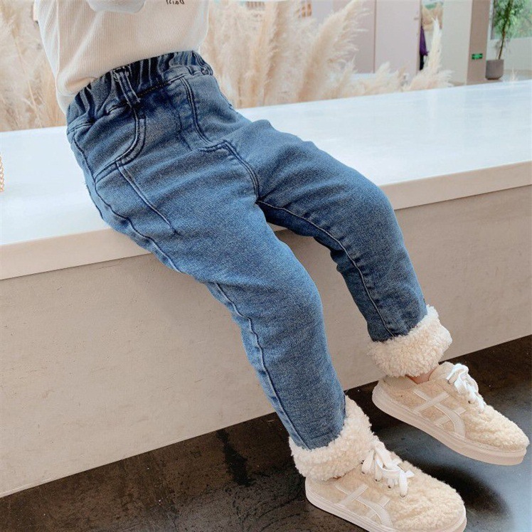 Girls&#039; Fleece-Lined Trousers 2021 New Children&#039;s Autumn and Winter Clothes Baby Girl Fleece Padded Jeans Children Outer Wear Trousers Fashion