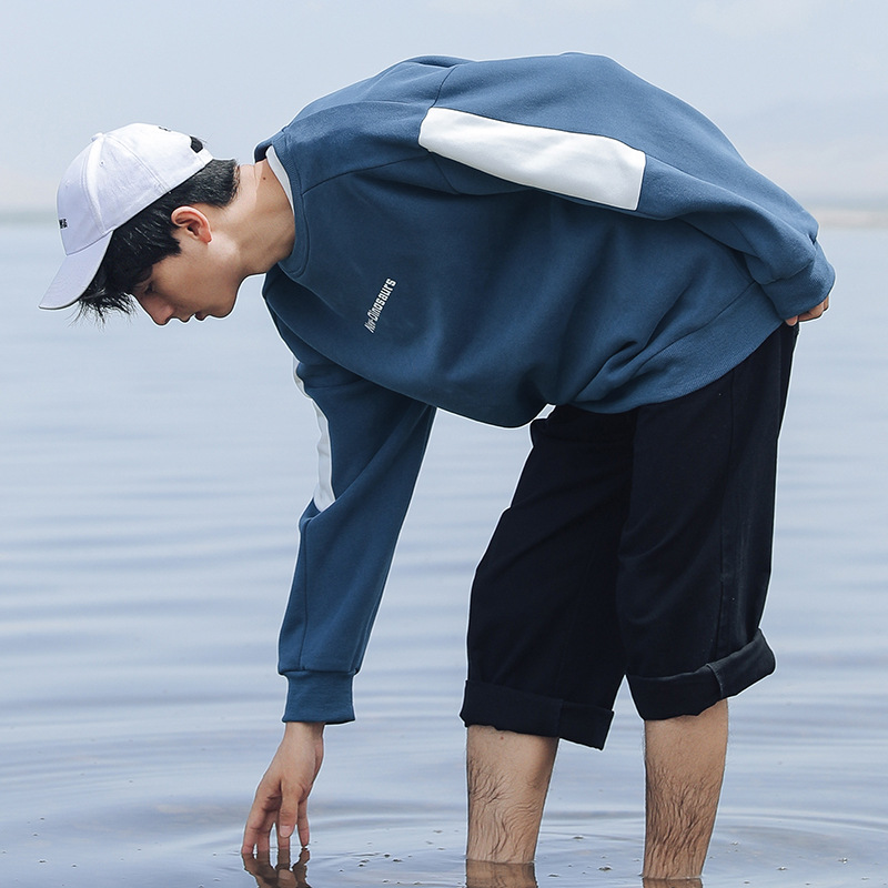 Hanlu Men's 2020 Autumn New Hong Kong Style Pullover Hoody Men's Letter Loose Contrasting Color Stitching Sleeve Top