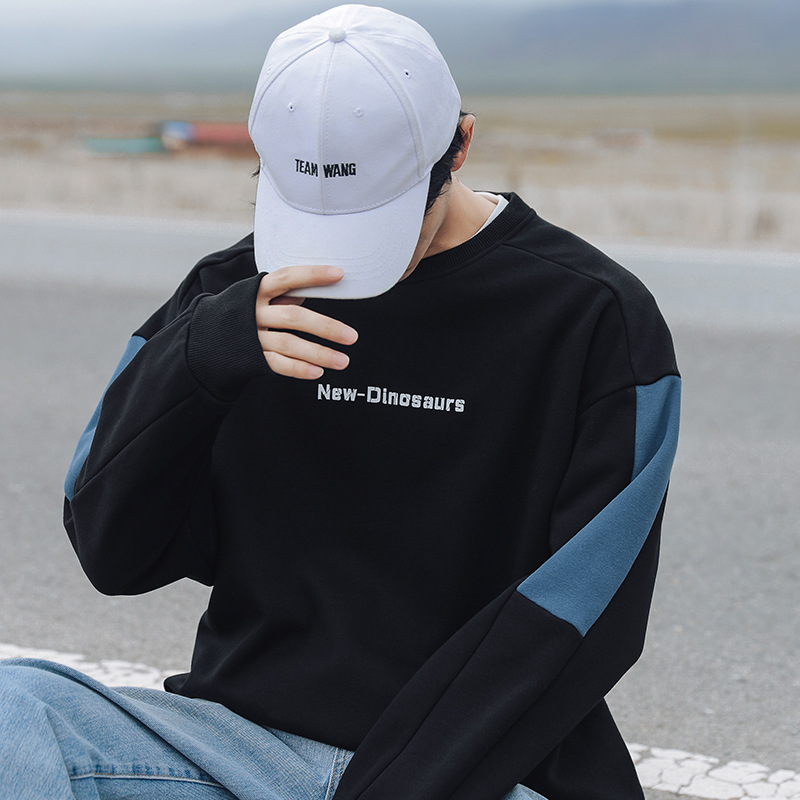 Hanlu Men's 2020 Autumn New Hong Kong Style Pullover Hoody Men's Letter Loose Contrasting Color Stitching Sleeve Top