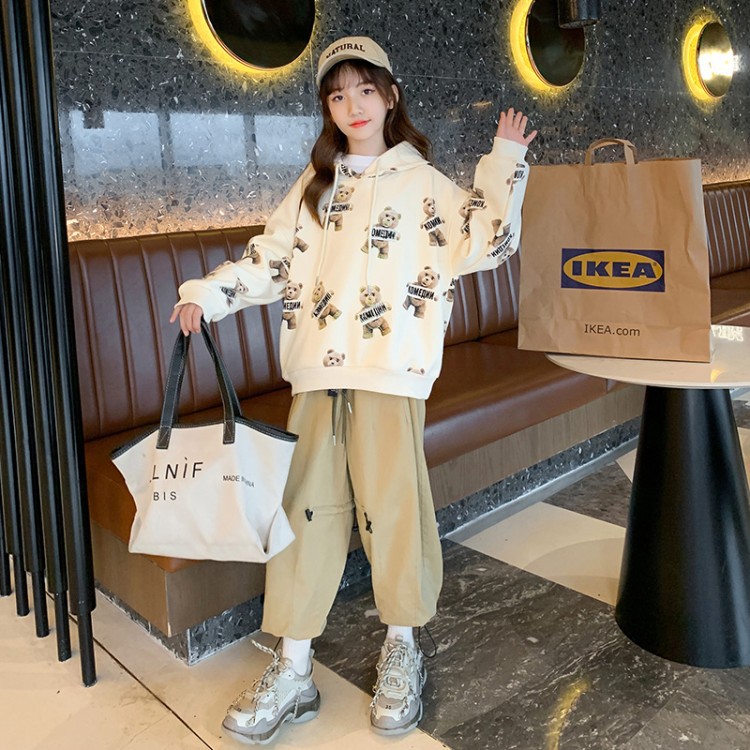 Girl&#039;s 2021 Brushed Hoody Hooded Bear Printed Pattern Sweet Princess Autumn and Winter Long Sleeves Top for Middle and Big Children