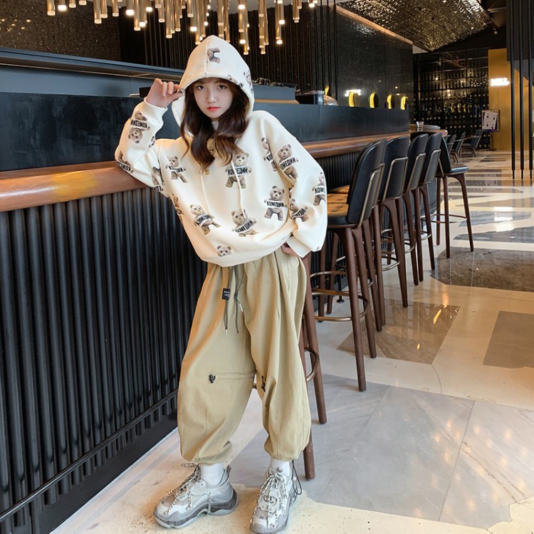 Girl's 2021 Brushed Hoody Hooded Bear Printed Pattern Sweet Princess Autumn and Winter Long Sleeves Top for Middle and Big Children Girl's 2021 Brushed Hoody Hooded Bear Printed Pattern Sweet Princess Autumn and Winter Long Sleeves Top for Middle and Big Children